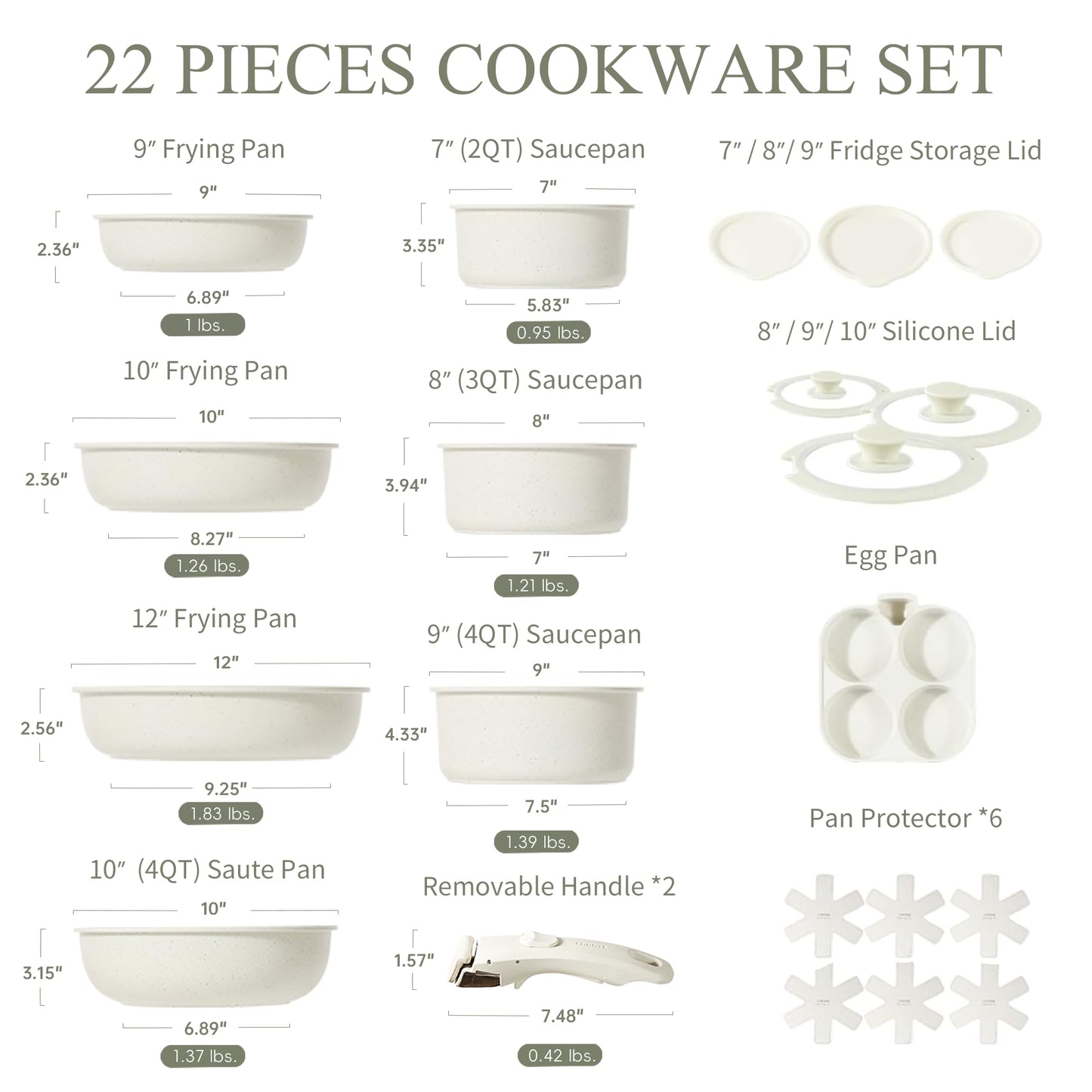 CAROTE 22pcs Pots and Pans Set Detachable Handle, Nonstick Cookware Set with Removable Handle,RV Kitchen Set, Oven Use, Cream White