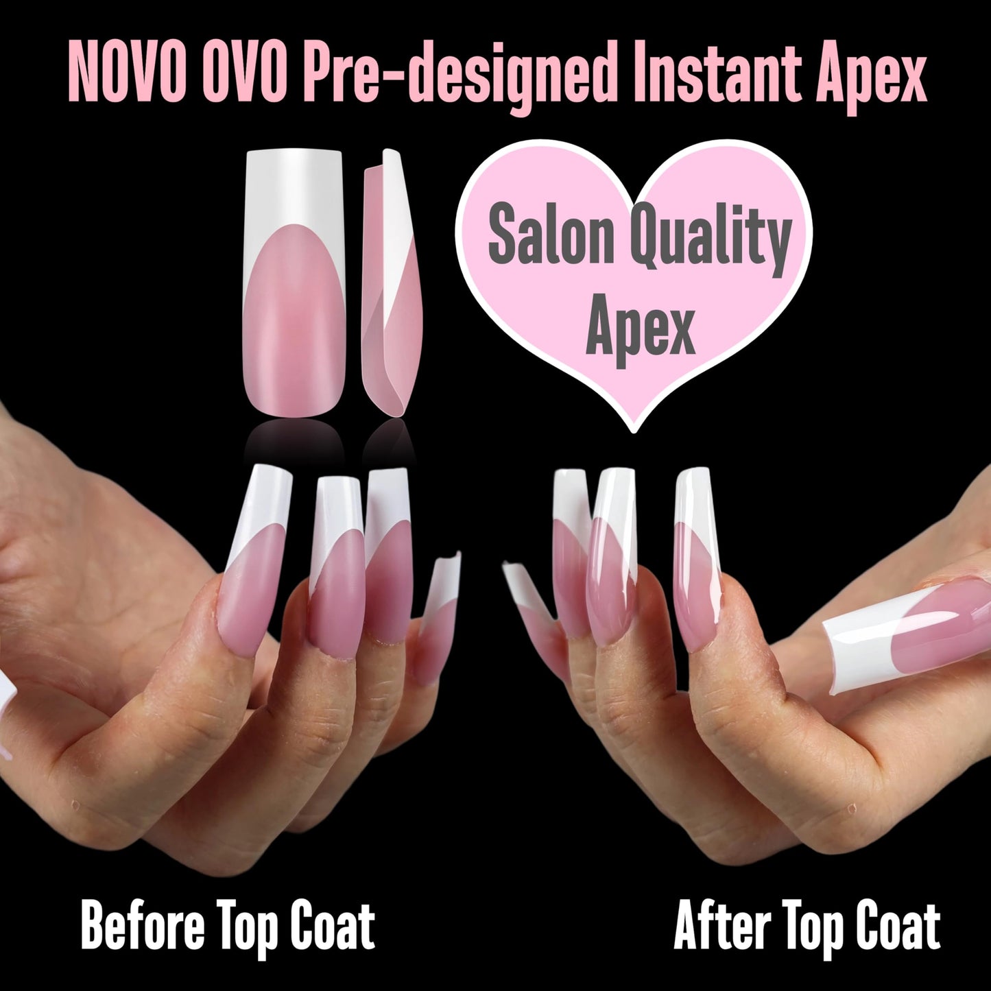 NOVO OVO Instant Apex Pre-designed French Tip Nail Tips Press on, Thick Pre-applied Tip Primer & Base Coat, BERRY PINK Full Cover False Nails Fake Nail Extensions for Acrylic x 15 sizes 150 pcs