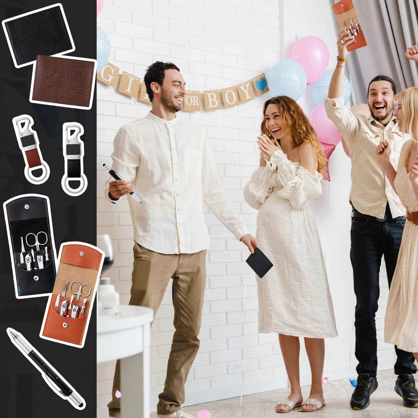 Huquary 6 Sets Christmas Gifts for Men Gifts Bulk Nail Clipper Multitool Pens Leather Wallet Keychain Party Favor