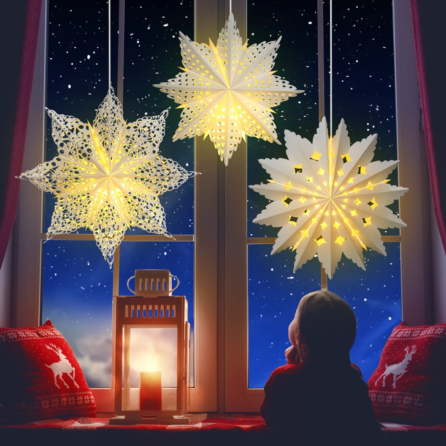 Mudder 5 Pieces Christmas Snowflake Paper Lantern with 7 Light Star Lamp Frozen Party Hanging Decoration for Weddings Trees Birthday Holiday Celebration (CL-TOOLS-C9875)