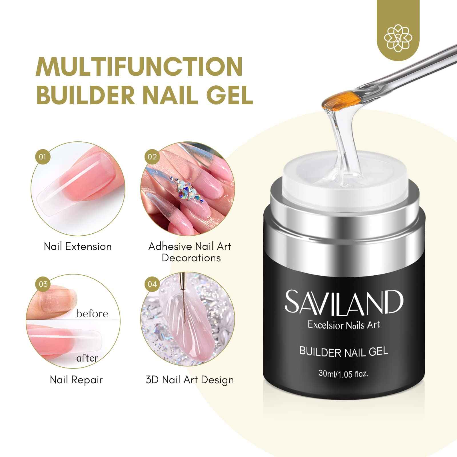 SAVILAND Builder Nail Gel with Air Cushion Design with 3 Pcs 15ml Vitamin E Ingredient Builder Nail Gel Base & Top Gel