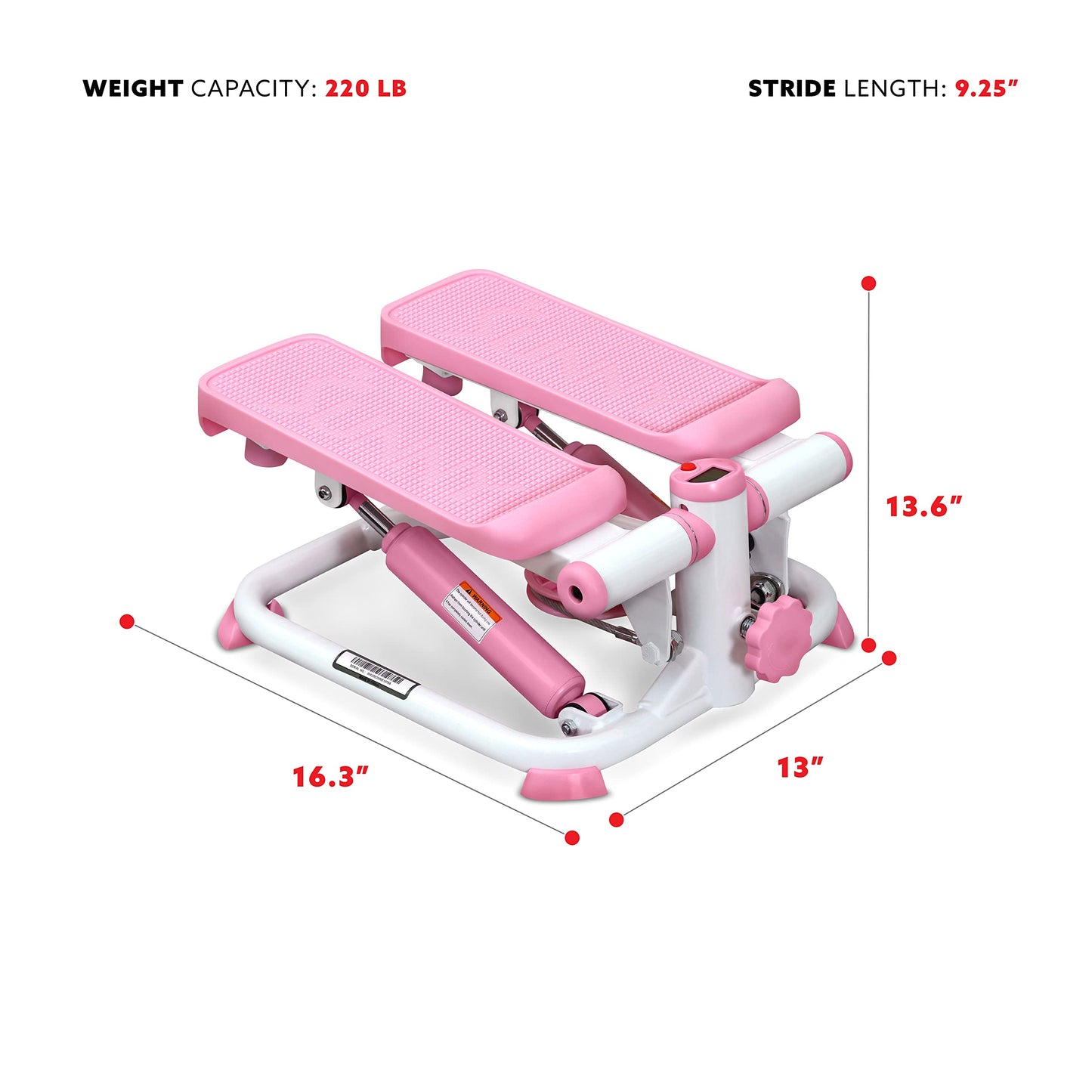 Sunny Health & Fitness Mini Stepper for Exercise Low-Impact Stair Step Cardio Equipment with Resistance Bands, Digital Monitor, Up Down Pink - P2000