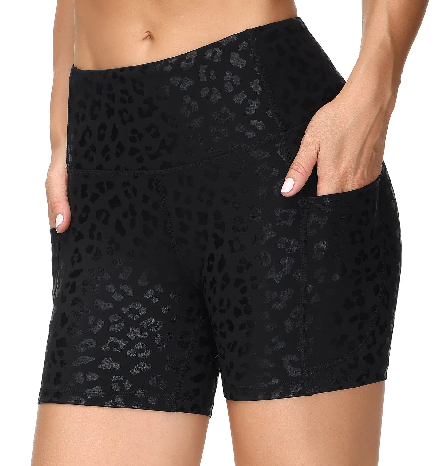 THE GYM PEOPLE High Waist Yoga Shorts for Women Tummy Control Fitness Athletic Workout Running Shorts with Deep Pockets (Small, Black spot Leopard)