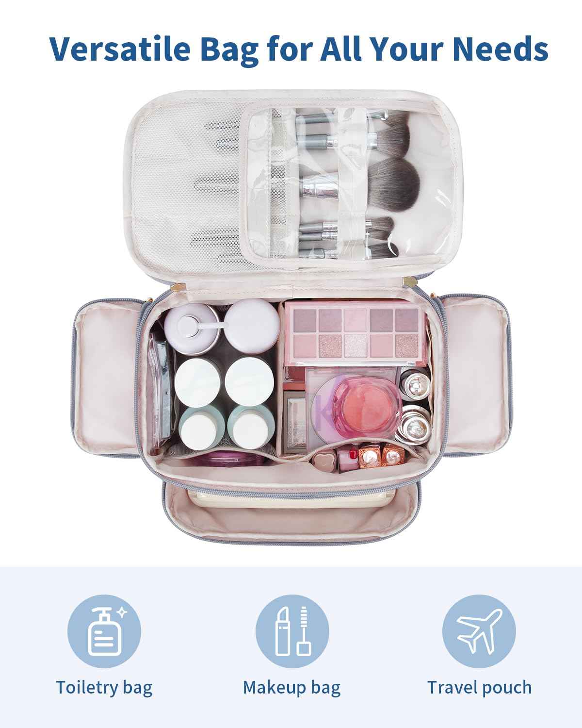 WANDF Travel Toiletry Bag for Women, Wide-open Large Makeup Bag with Handle, Puffy Makeup Organizer for Toiletries, Cosmetics, Accessories, Essentials (Slate Blue)