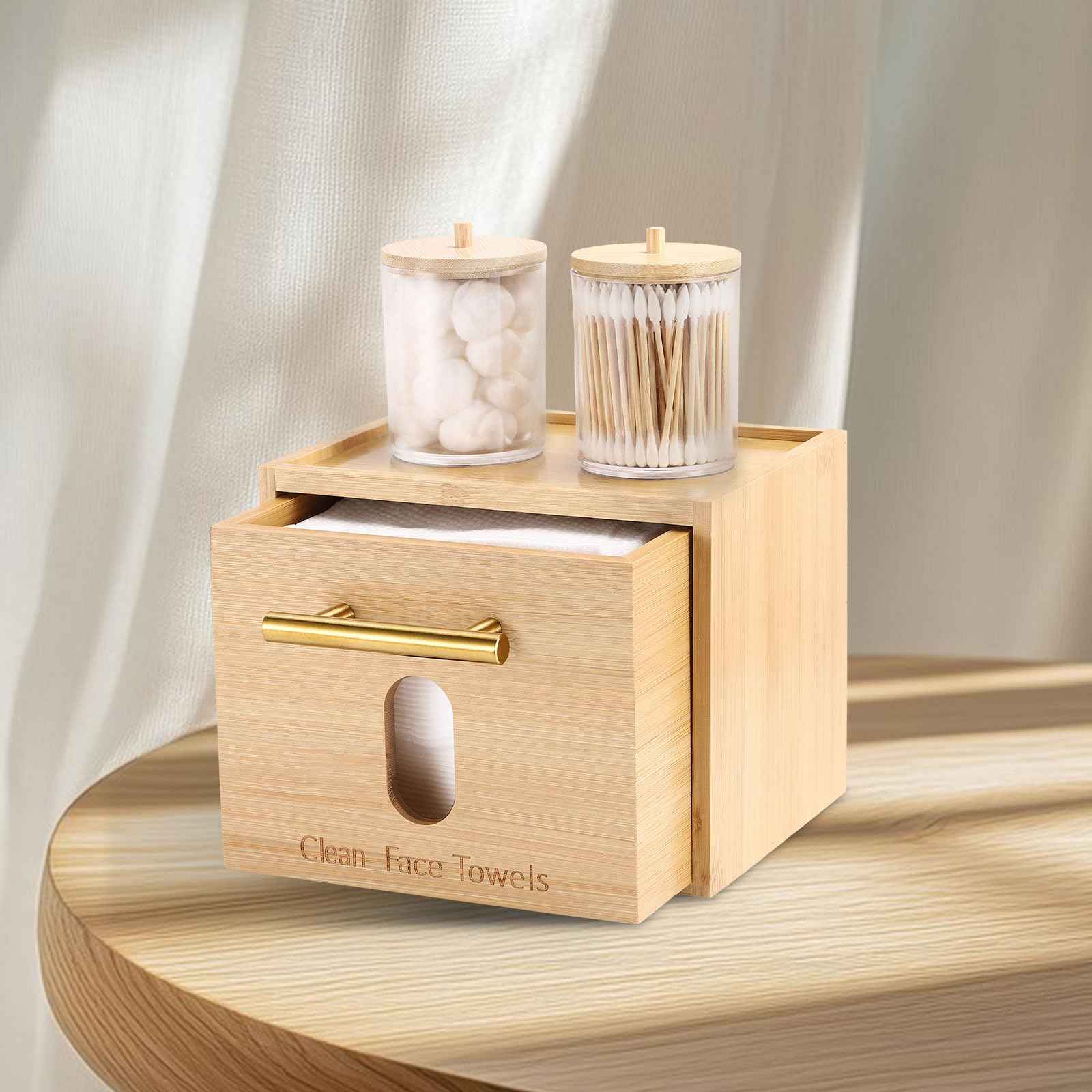 Disposable Face Towel Holder Bamboo Storage Box with 60 XL Towels, Cotton Balls Holders, Facial Towels Container Box with Drawer, Towel XL Organizer for Bathroom, Makeup Remover Dry Wipes Washcloths