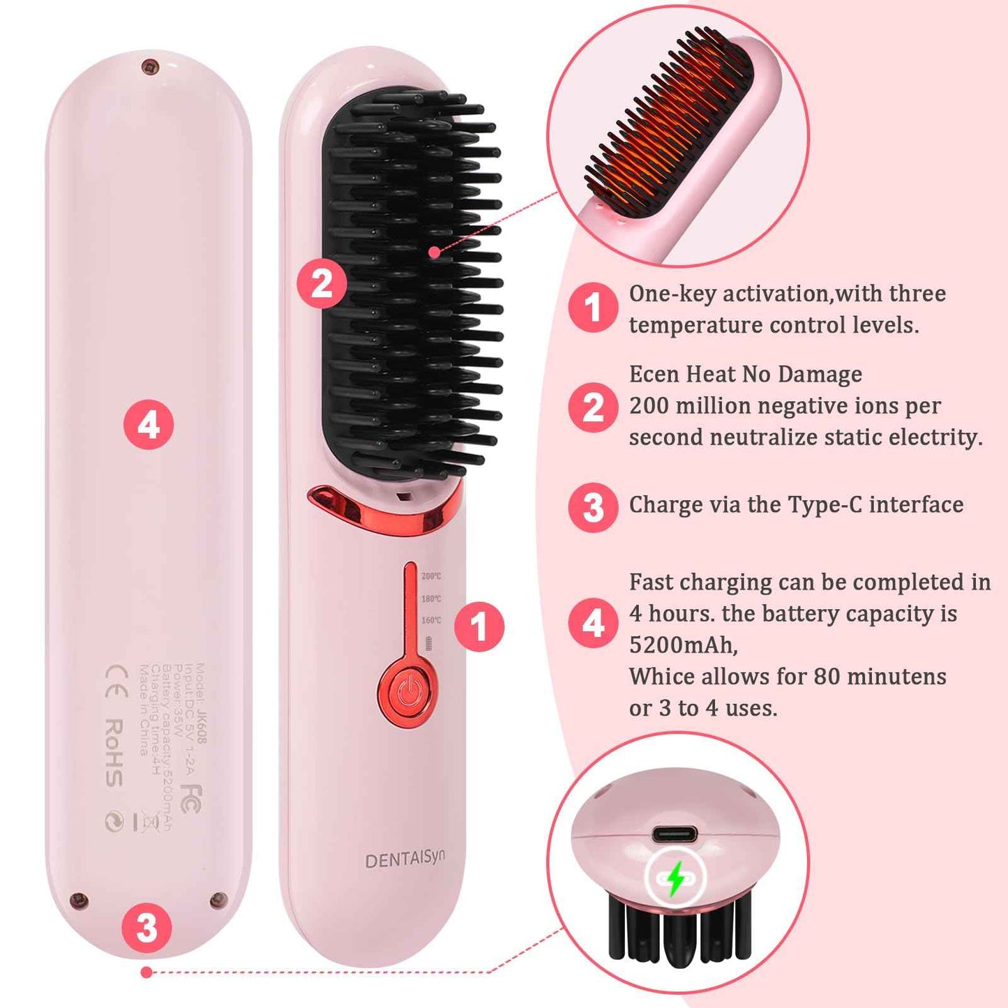 Cordless Hair Straightener Brush - Portable Hair Brush for Travel - 30s Fast Heating - Portable Straightening Brush for Travel, Mini Hot Straightening Comb for Women