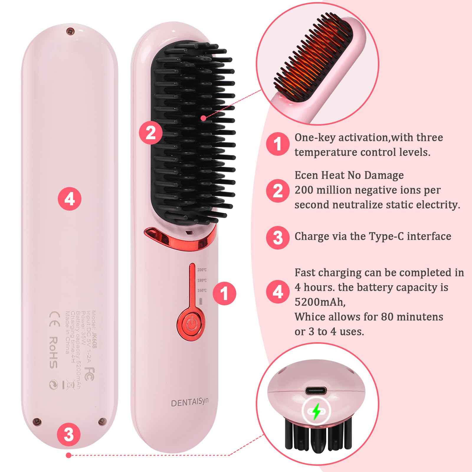 Cordless Hair Straightener Brush - Portable Hair Brush for Travel - 30s Fast Heating - Portable Straightening Brush for Travel, Mini Hot Straightening Comb for Women