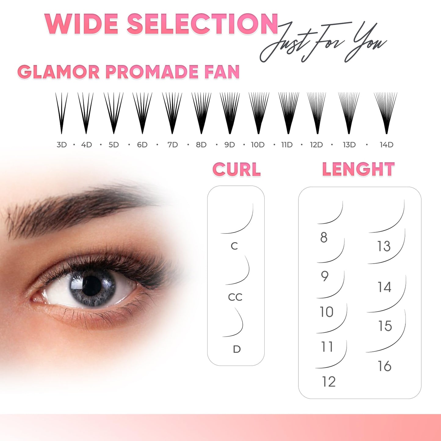 GLAMOREYELASH 500 Promade Volume Fans Loose Eyelash Extension, Handmade Individual Lashes Loose Fan 3D-16D, 0.03/0.05/0.07mm Thickness, C CC D Curl for Mink Lashes, 8-16mm Length (12D-0.03-CC, 15mm)