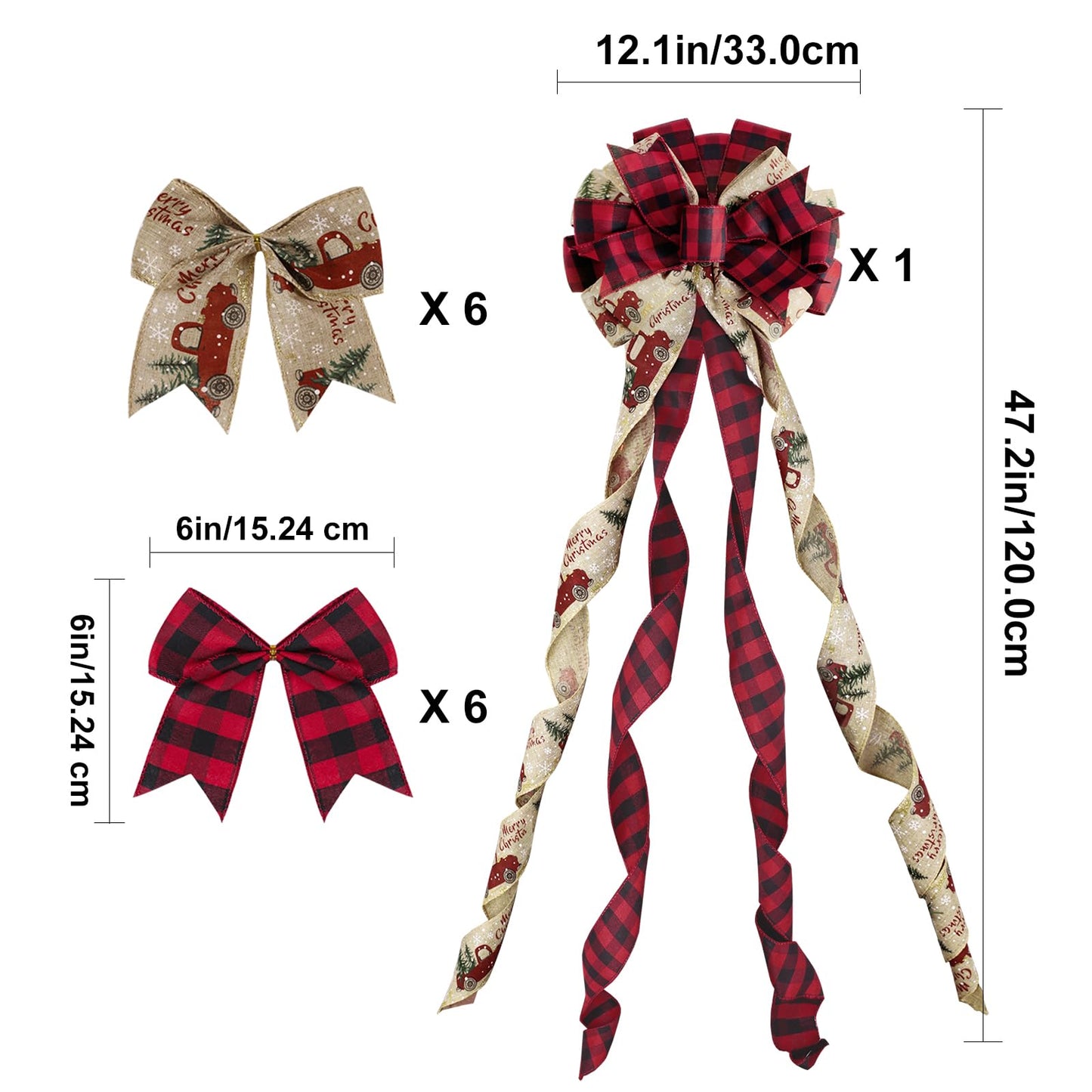 Utehilly 1 Large Christmas Tree Topper Bows and 12Pcs Small Wreath Bows Set Red Black Buffalo Plaid Tree Truck Bows for Christmas, Holiday Party, Indoor/Outdoor Home Decor, 47"x13"