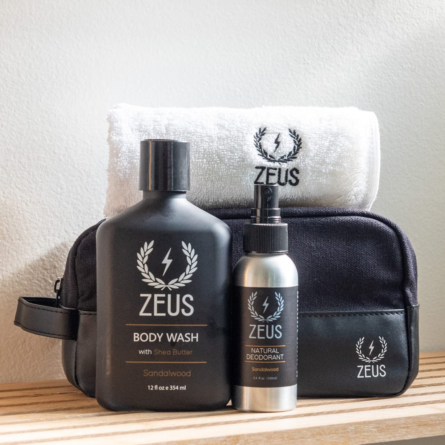 ZEUS Essential Body Care Kit with Travel Dopp Bag – Body Wash with Shea Butter, Travel Toiletry Bag, Wash Cloth & Deodorant Body Spray (Verbena Lime)