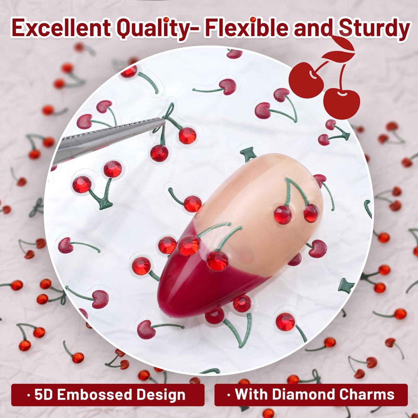 Pretty Diva Nail Art Stickers Crystal Cherry Art Nail Sticker Decals, 5D Cherries Nails Rhinestones Charms Fruit Self-Adhesive DIY Design French Tip Nail Decals