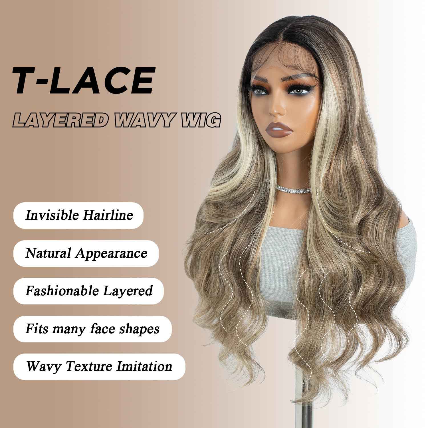 NOBLE Long Layered Wavy Wig with Baby Hair Synthetic Pre-Plucked T-Part Lace Wigs for Women 30 Inch Body Wave Glueless Wigs