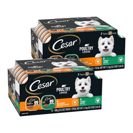 CESAR Filets in Gravy Adult Wet Dog Food, Poultry Lovers Variety Pack, 3.5 oz. Easy Peel Trays, Pack of 24