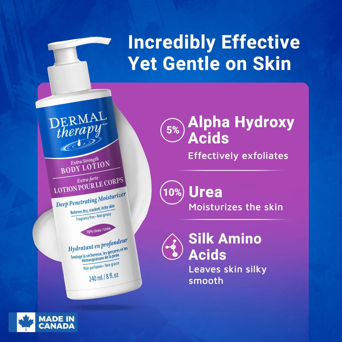 Dermal Therapy Extra Strength 5% AHA 10% Urea Body Lotion - Healing for Extremely Dry, Cracked Skin - Fragrance-Free - Sensitive Skin, Diabetes & Medication-Induced Dryness - 8 fl oz / 240 ml