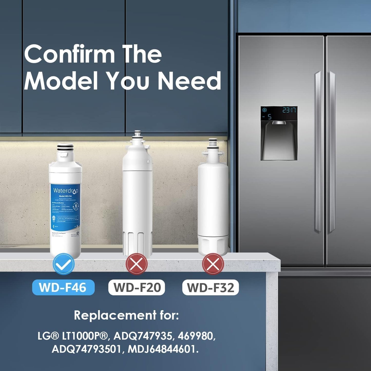 Waterdrop LT1000PC ADQ747935 Refrigerator Water Filter and Air Filter, Replacement for LG® LT1000P®, LMXS28626S, LFXS26973S, LFXS26596S, LFXS28596S, ADQ74793501, ADQ74793502 and LT120F®, 4 Combo