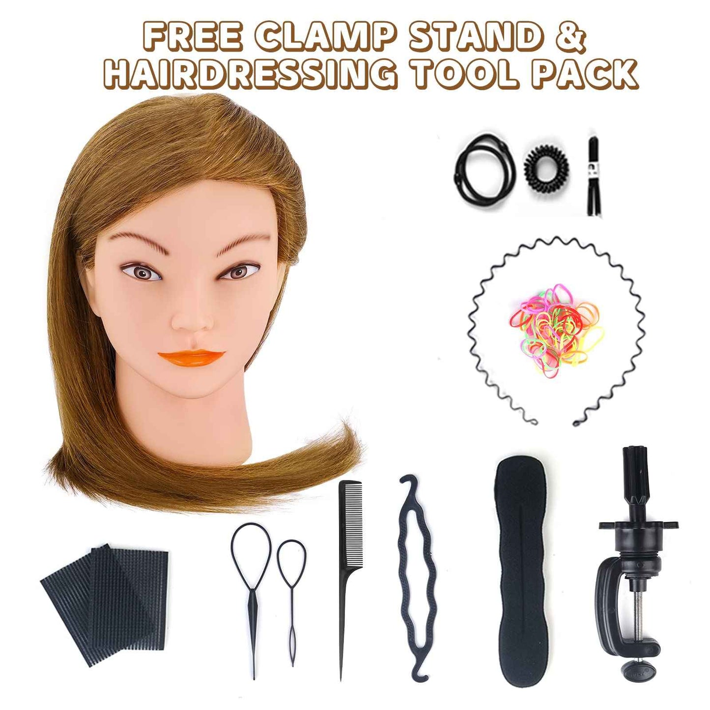 MYSWEETY Mannequin Head with 100% Human Hair, Doll Head for Hair Styling, Manikin Head Cosmetology Makeup Hairdressing Training Head with Clamp Holder and Tools(18" Brown, Makeup)