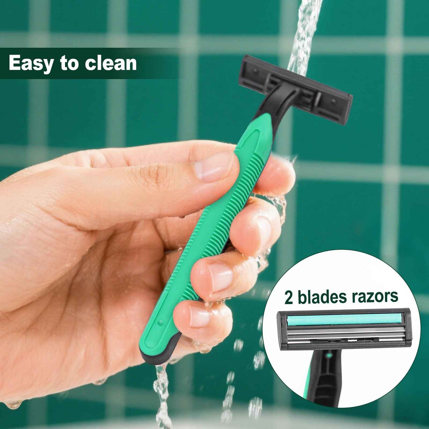 Fafortune Disposable Twin Blade Razors in Bulk, Individually Wrapped - Clear Safety Cap, For Homeless, Hotel, Airbnb, Travel (pack of 100,green)