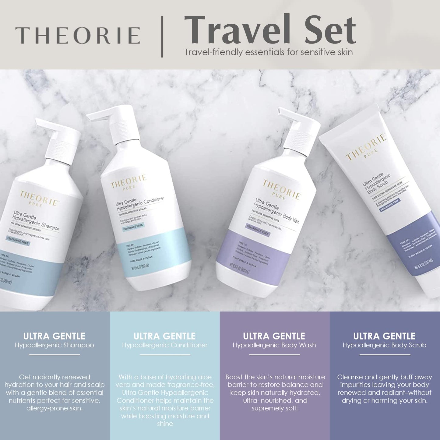 THEORIE PURE Collection Travel Set- Hypoallergenic-Shampoo, Conditioner, Body Wash & Face and Body Scrub- Fragrance-Free. No Sulfate, Paraben, Phthalate,or synthetic Dyes- Clean Beauty for Hair & Body