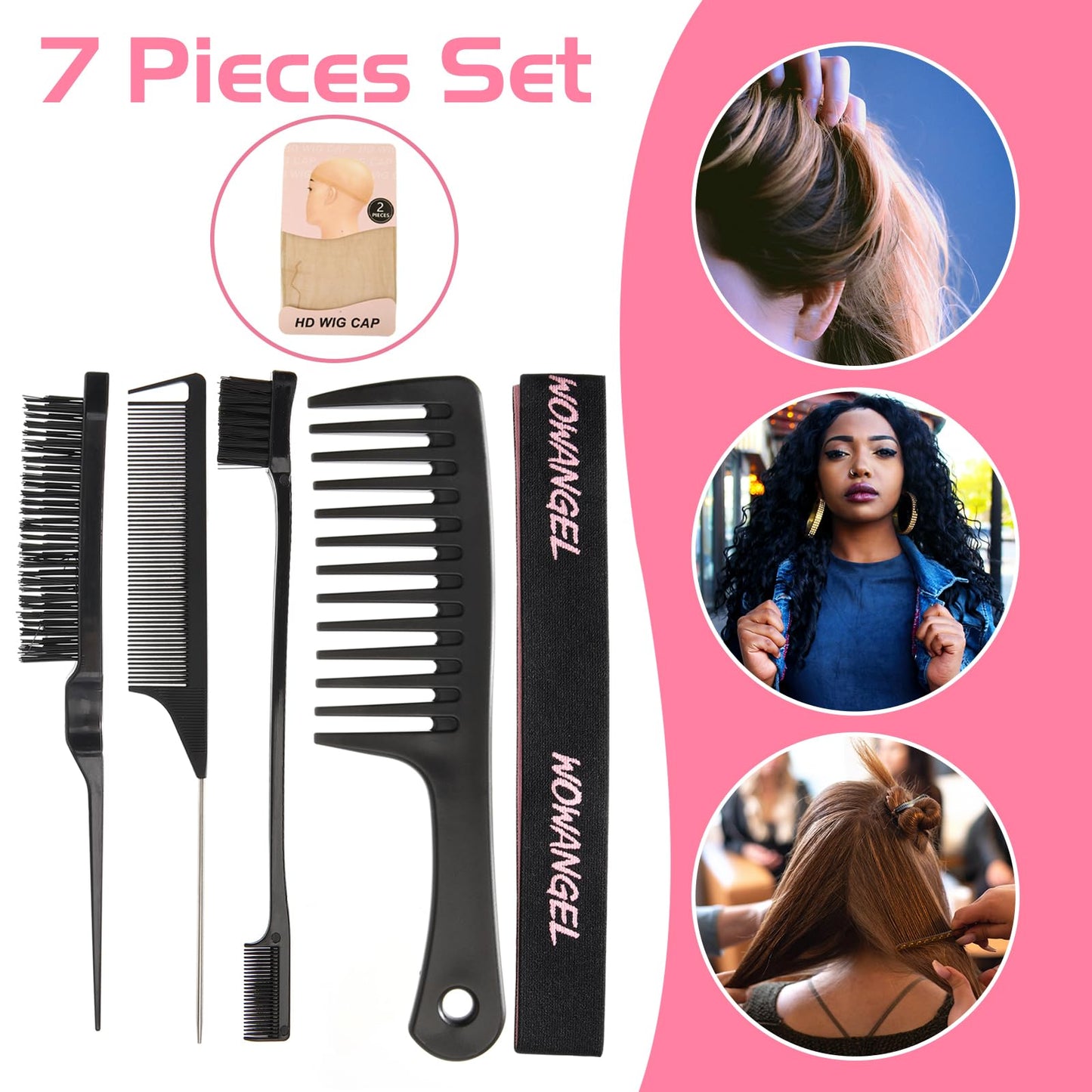 WOWANGEL 7PCS Hair Styling Brush Set with Edge Brush, Bristle Hair Brush, Rat Tail Comb, Wide Tooth Comb, Elastic Band, SKINLIKE Real HD Cap, Hair Comb Set for Slick Baby Hair, and Flyaways Black