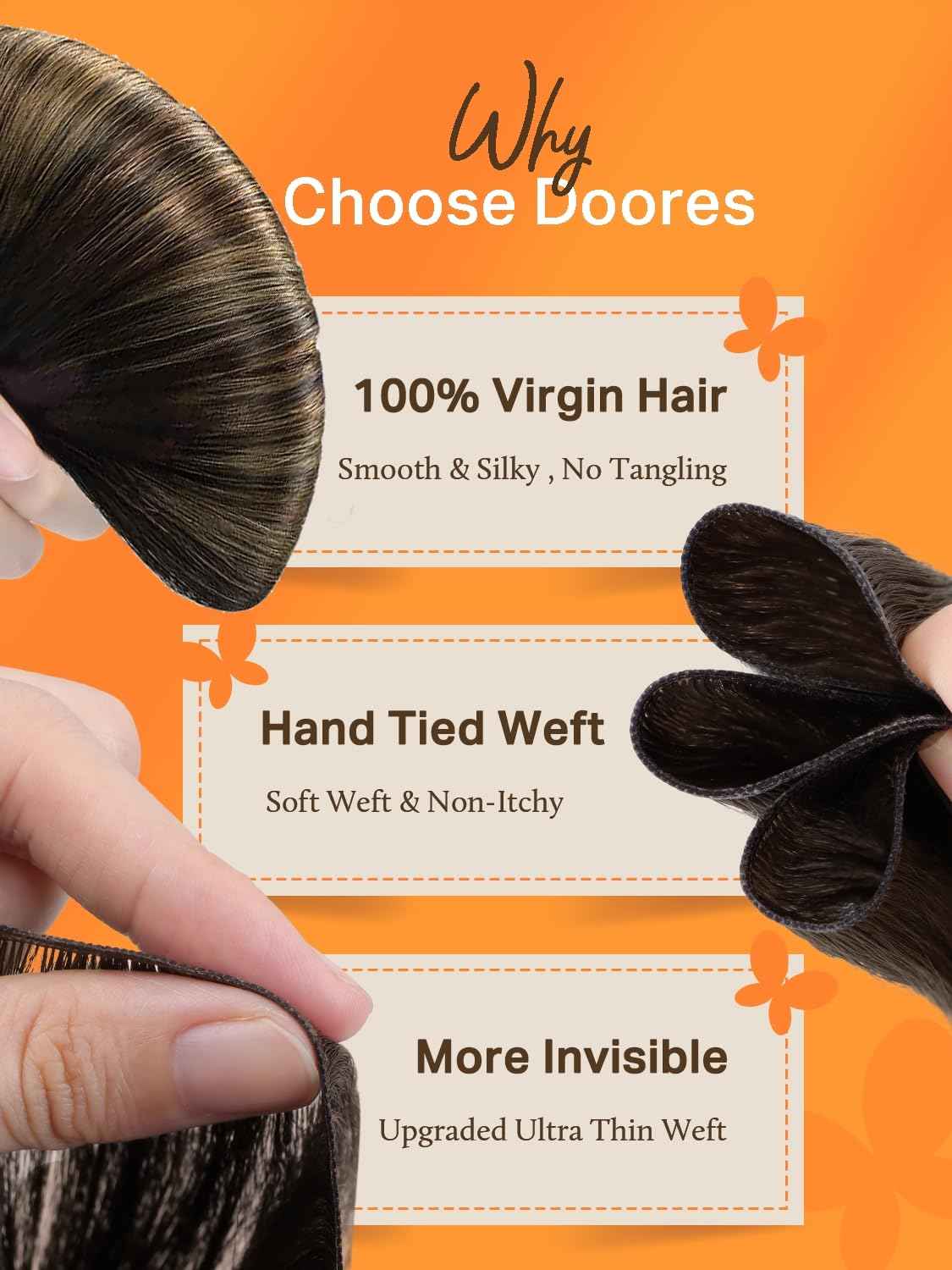 DOORES Sew in Hair Extensions Natural Straight, 18 Inch Balayage Dark Brown to Chestnut Brown 50g, Invisible Weft Hair Extensions Human Hair Virgin