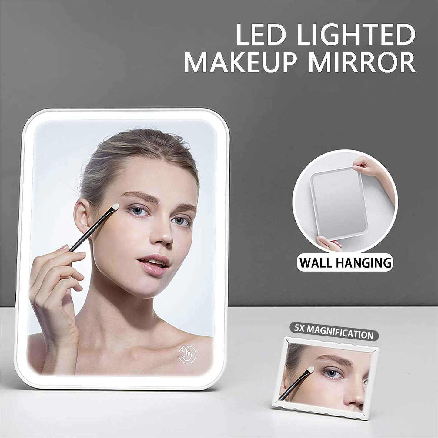 KOOKIN Lighted Vanity Makeup Mirror with Lights 3 Color Lighting Modes Rechargeable Touch Screen Adjustable Tabletop Wall Hanging Led Light Up Mirror with Mini 5X Hand Mirror