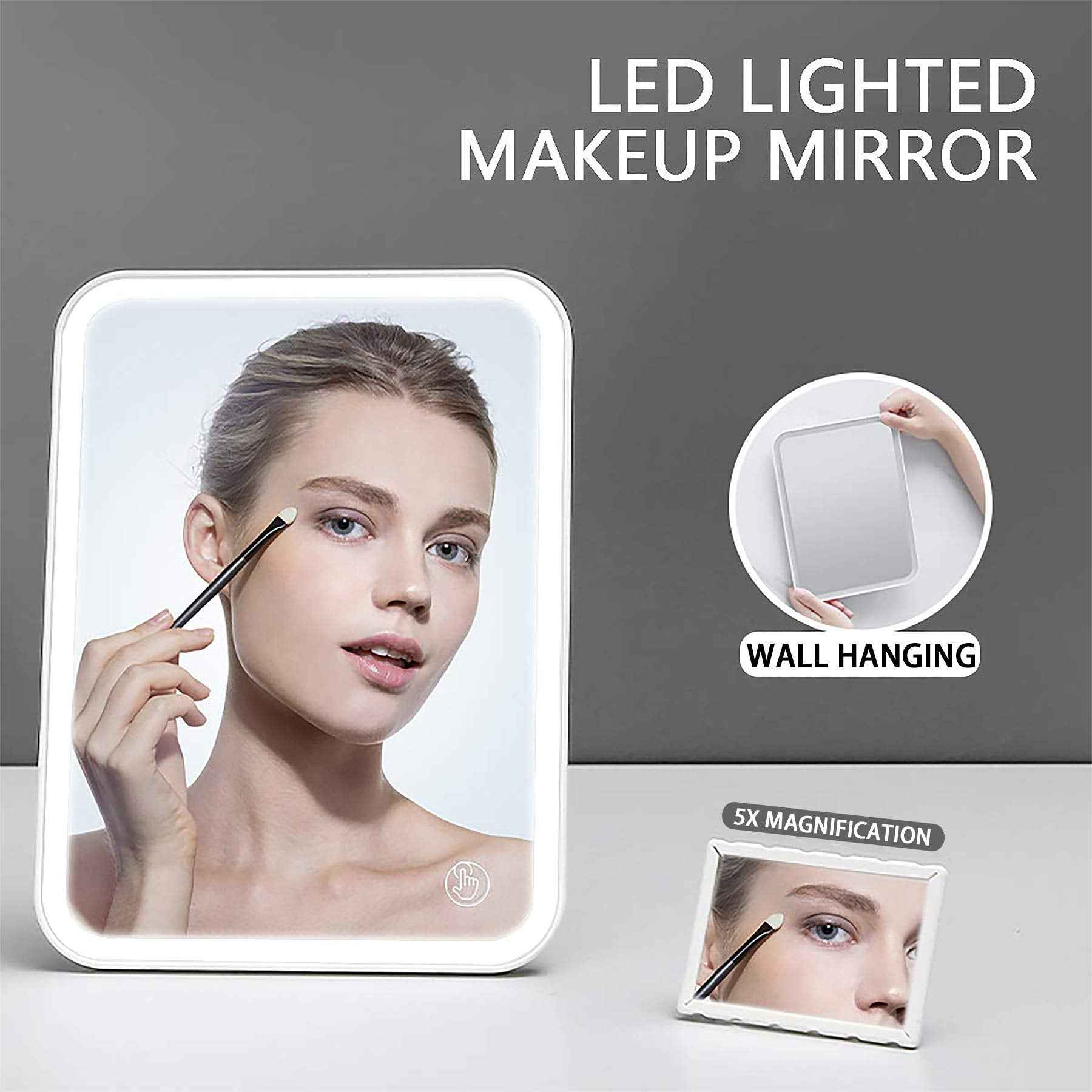 KOOKIN Lighted Vanity Makeup Mirror with Lights 3 Color Lighting Modes Rechargeable Touch Screen Adjustable Tabletop Wall Hanging Led Light Up Mirror with Mini 5X Hand Mirror