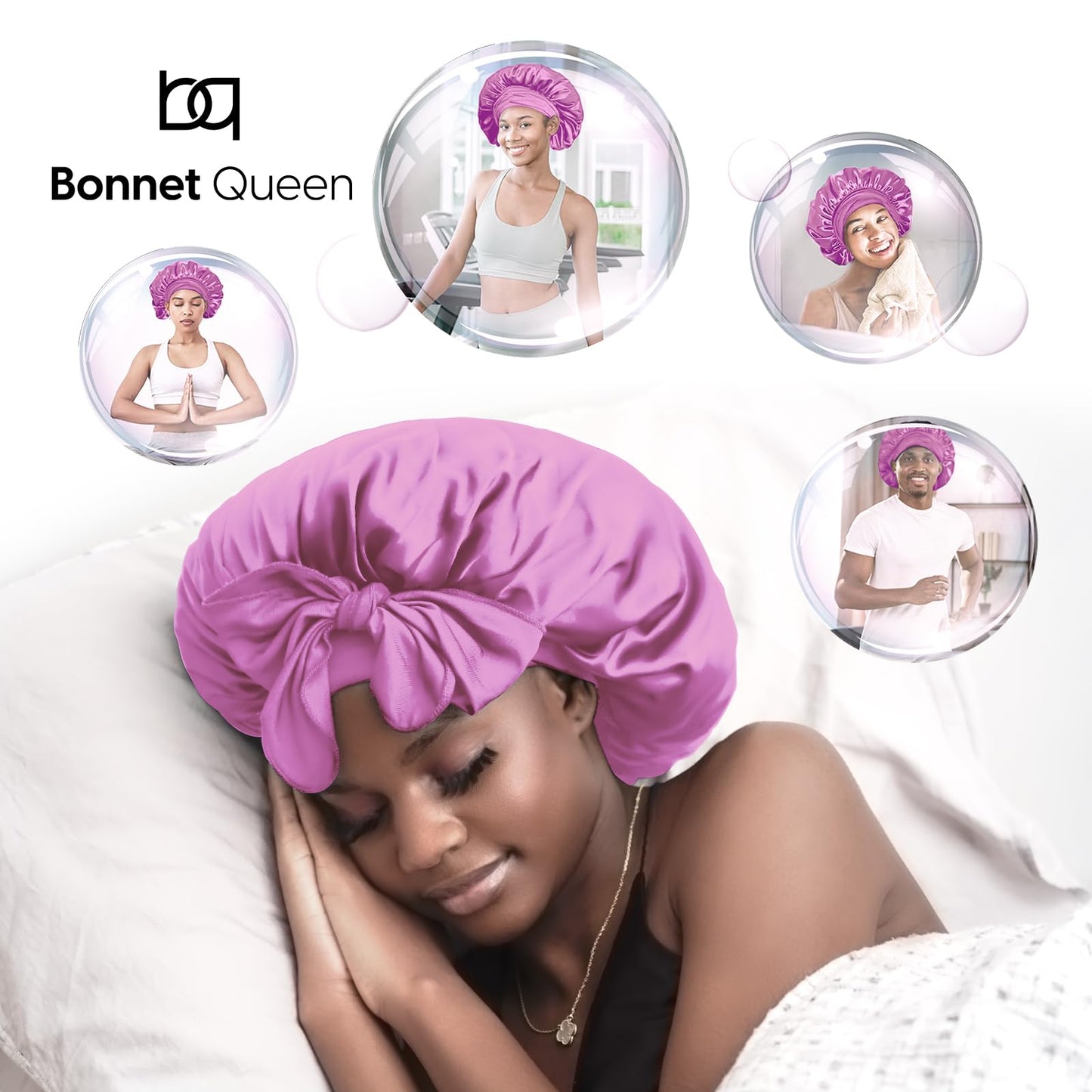 BONNET QUEEN Silk Bonnet for Sleeping Women Satin Bonnet Hair Bonnet Night Sleep Cap Scarf wrap for Curly Hair with tie Band Dark Rose Gold