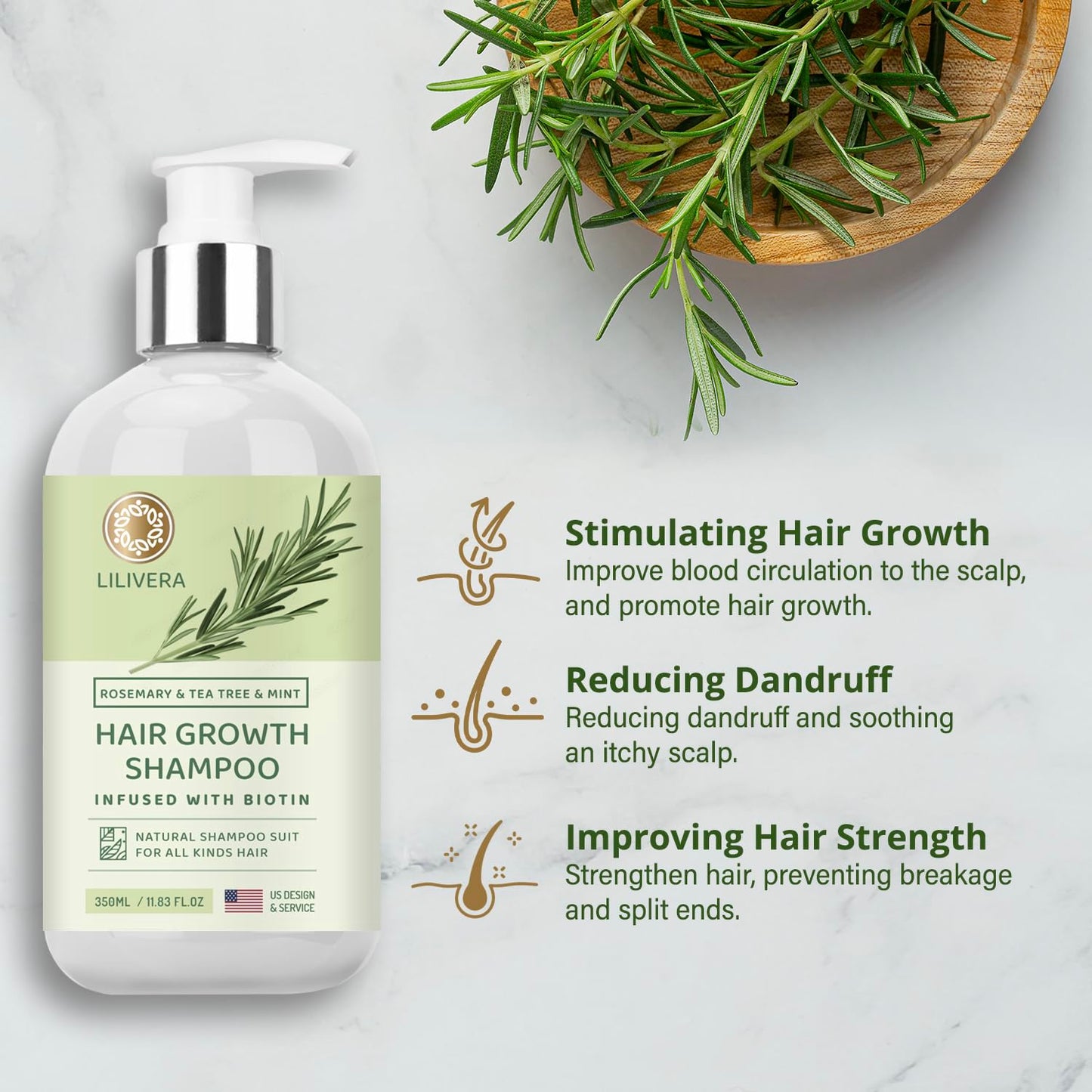 Lilivera Rosemary Hair Growth Shampoo: Shampoo for Hair Loss - Shampoo for Thinning Hair for Men and Women - Rosemary Mint Strengthening Shampoo with Tea Tree Oil Bition - 11.8 fl. oz