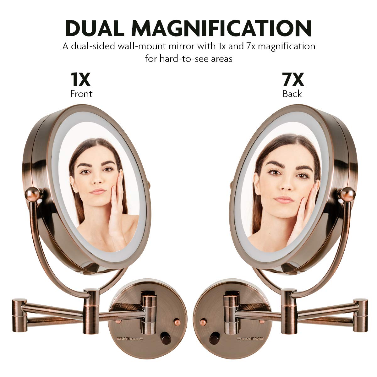 OVENTE 9" Lighted Wall Mount Makeup Mirror - 1X/ 7X Magnification, Hardwired Glow Cosmetic Light up Mirror, Spinning 360-Degree, Double Sided LED, Extendable, Folding Arm, Antique Brass MPWD3185AB1X7X