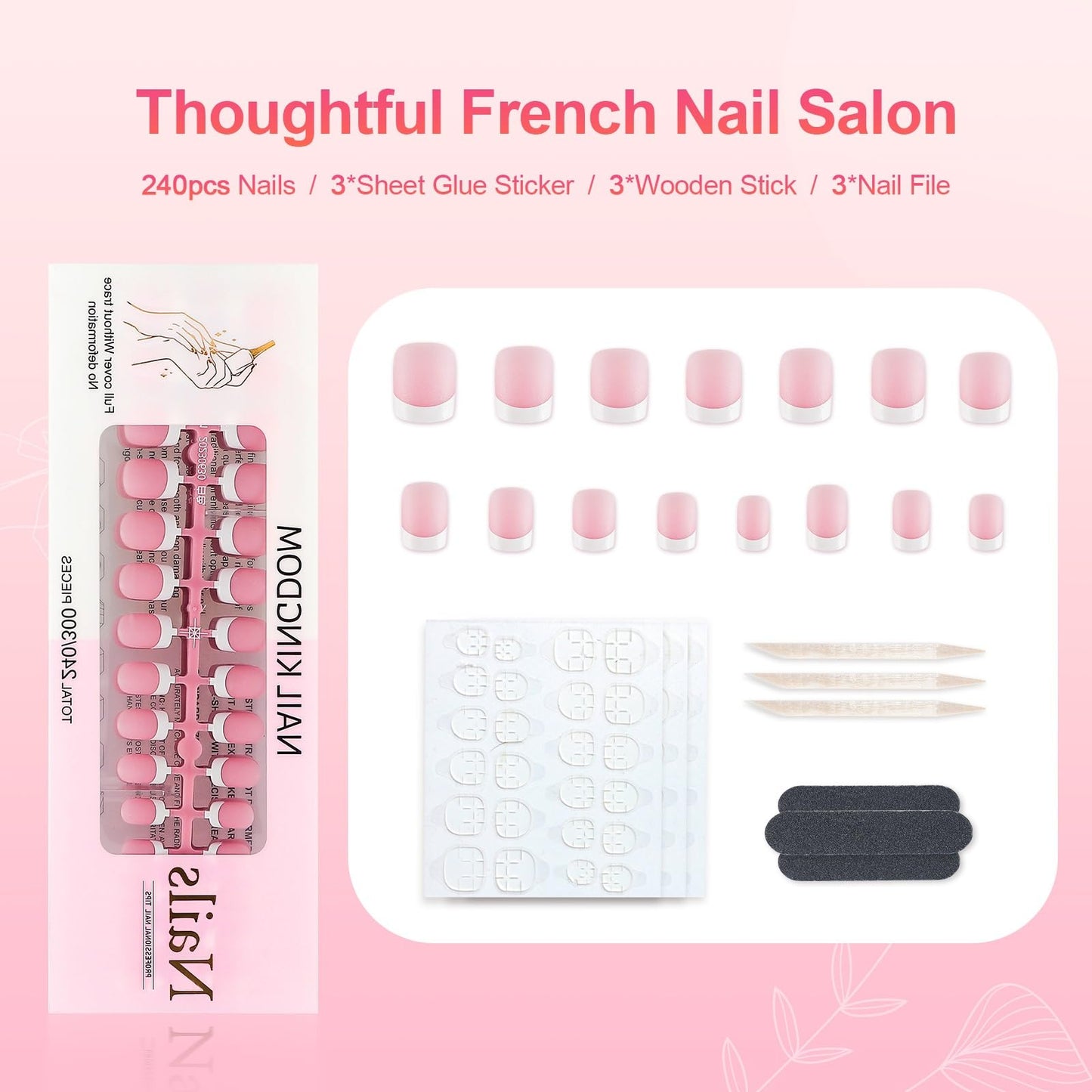 LIARTY 240 Pcs French Press On Nails Short Square, French Tip False Nails Manicure, 15 Size Acrylic Full Cover Artificial Fake Nails (Pink)