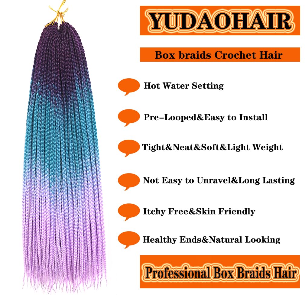 Box Braids Crochet Hair 24 Inch Prelooped Crochet Hair Extensions Hand Made 3 Packs Twist Crothet Braids Hair for Women Braiding Hair Extensions 22 Strands/Pack (Purple-Lake Blue-Light Purple)