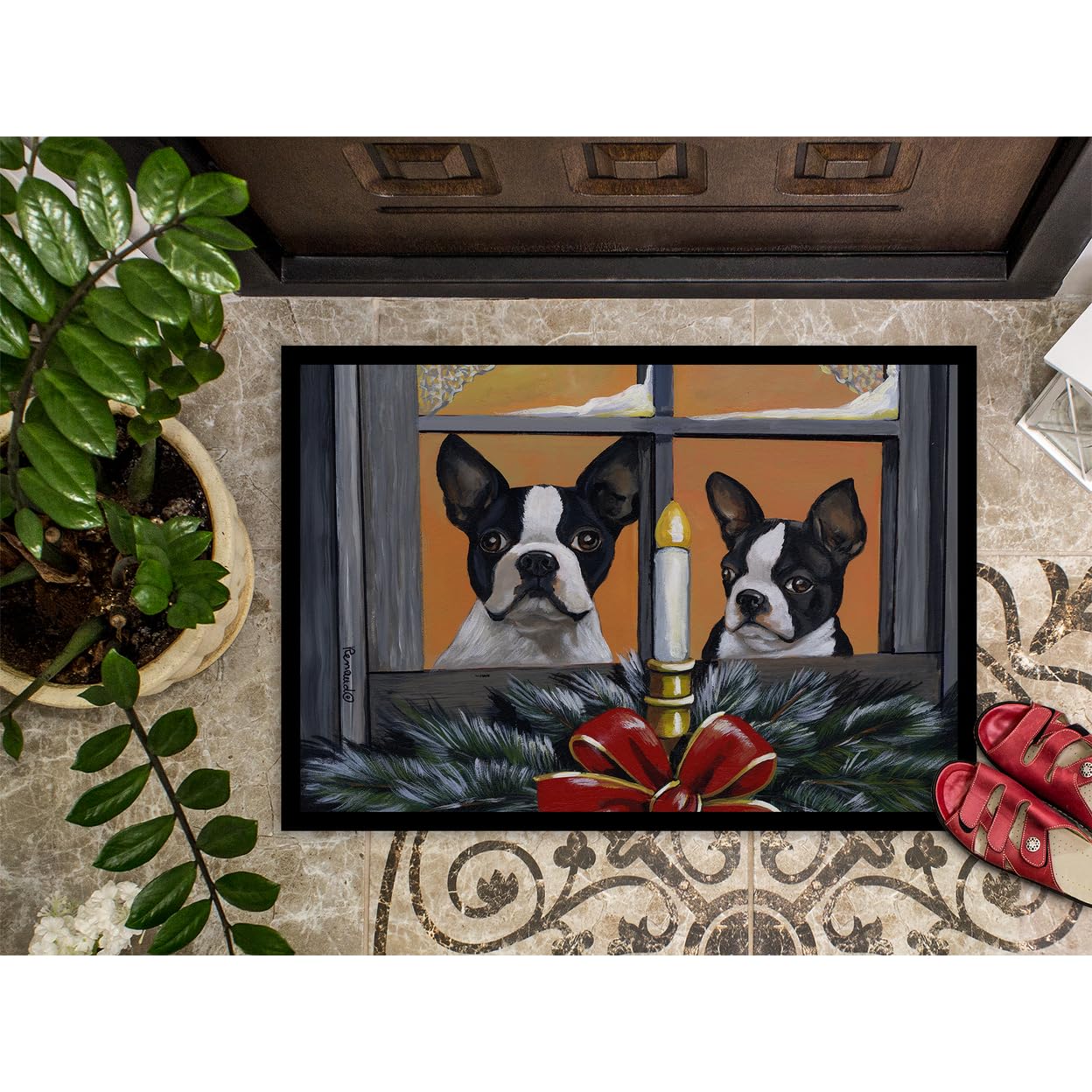 Caroline's Treasures PPP3248JMAT Boston Terrier Looking for Santa Christmas Doormat 24x36 Front Door Mat Indoor Outdoor Rugs for Entryway, Non Slip Washable Low Pile, 24H X 36W