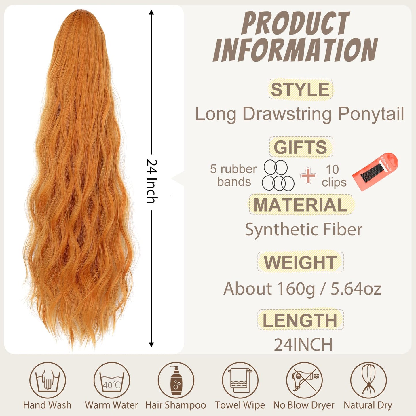 Fanguilar Ponytail Extension 24 Inch Long Curly Wavy Drawstring Ponytail Extension Synthetic Hair Extensions Ponytail for Women Daily Use Copper