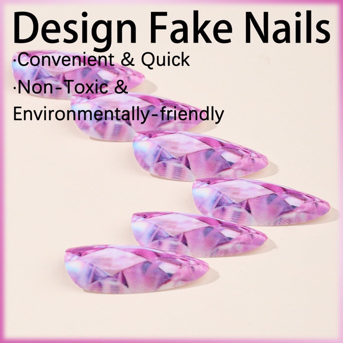 Diamond Press on Nails for DIY Manicure Glossy Pink Gradient Acrylic Medium Almond False Nails Gel Glue on Nails Ombre Fake Nails Stick on Nails for Women Girls 24Pcs Optical Reflection Design