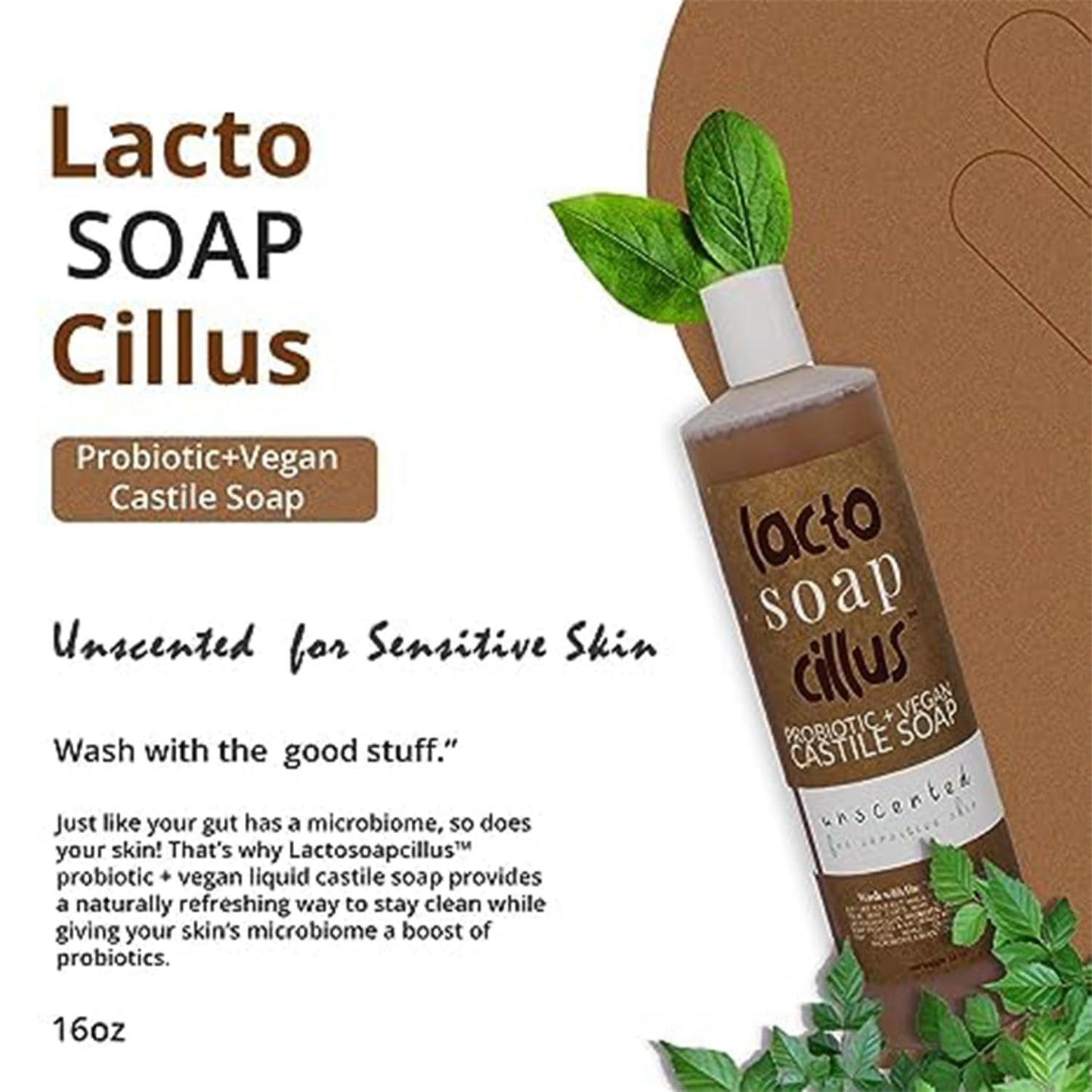 Probiotic+Vegan Castile Soap Lactosoapcillus - Naturally Refreshing Multi-Purpose Liquid Soap - Scent Unscented - Plant-Based Ingredients with Probiotics - No Artificial Fragrances (16oz)