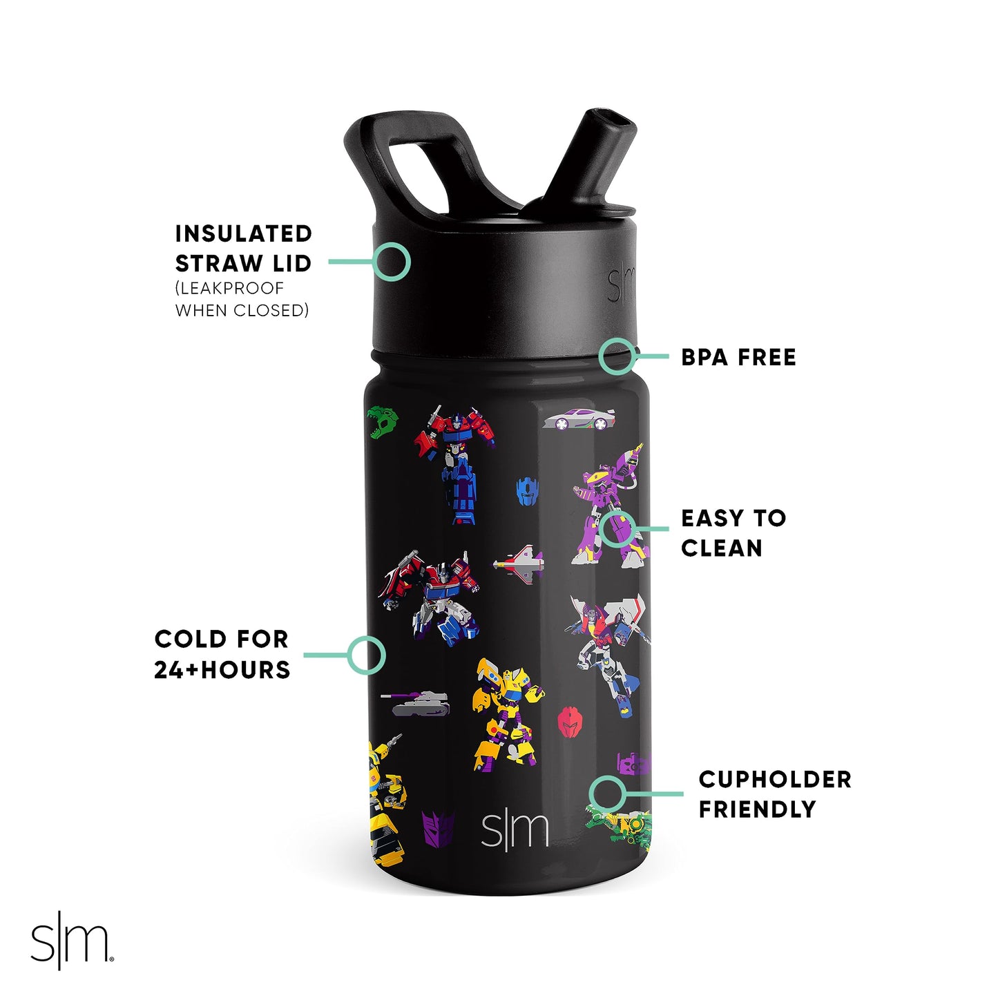 Simple Modern Transformers Kids Water Bottle with Straw Lid | Reusable Insulated Stainless Steel Cup for School | Summit Collection | 14oz, Transformer Block Nation