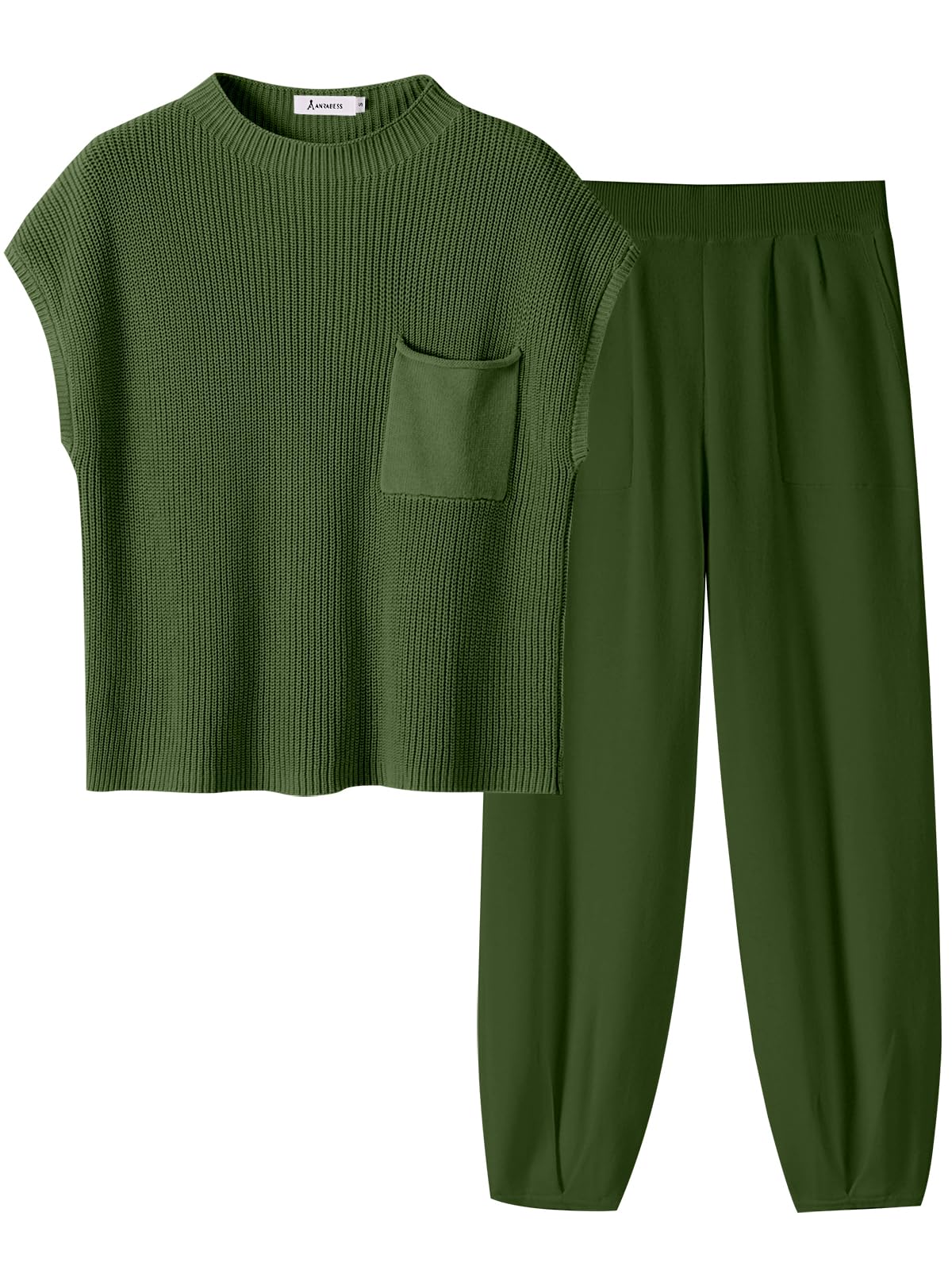 ANRABESS Women's Two Piece Outfits Knit Sweater Pullover Crop Top & Pants Lounge Matching Tracksuit Sweatsuit Sets 2024 Trendy Loungewear Clothes Amy Green X-Small