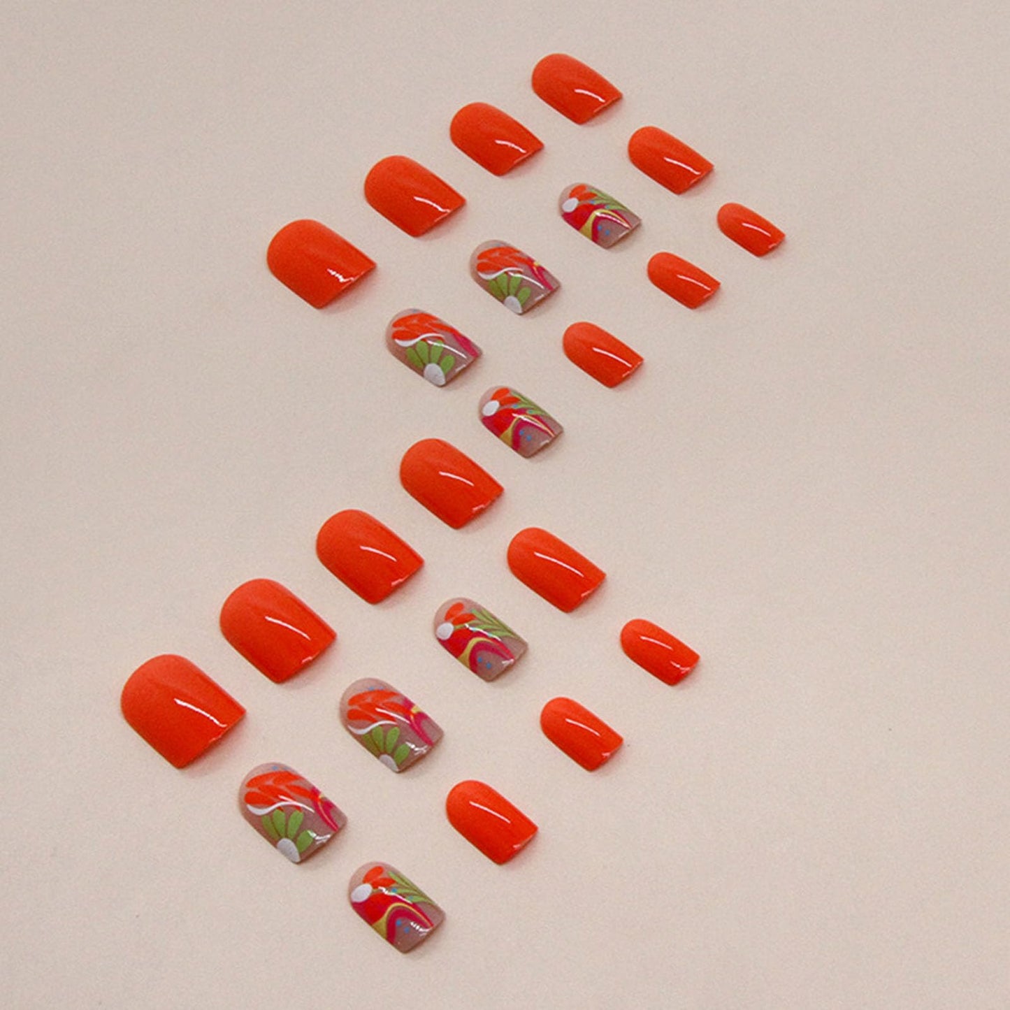 Summer Press on Nails Square False Nails with Colorful Flower Designs Short Fake Nails Orange Nails Press ons Cute Acrylic Nails Glossy Glue on Nails Artificial Stick on Nails for Women 24 Pcs