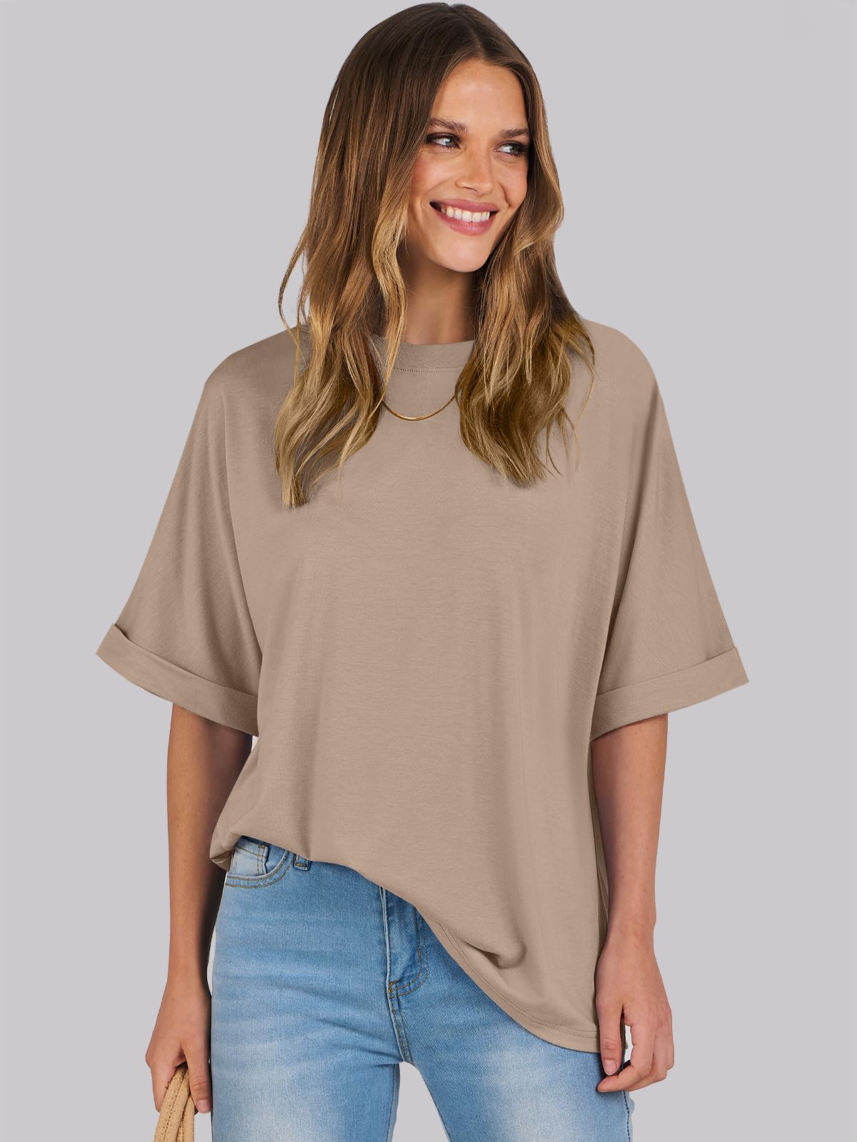 ANRABESS Women's Oversized T Shirts Short Sleeve Crewneck Summer Tops Casual Loose Basic Tee Shirts 2024 Trendy Clothes Khaki Small