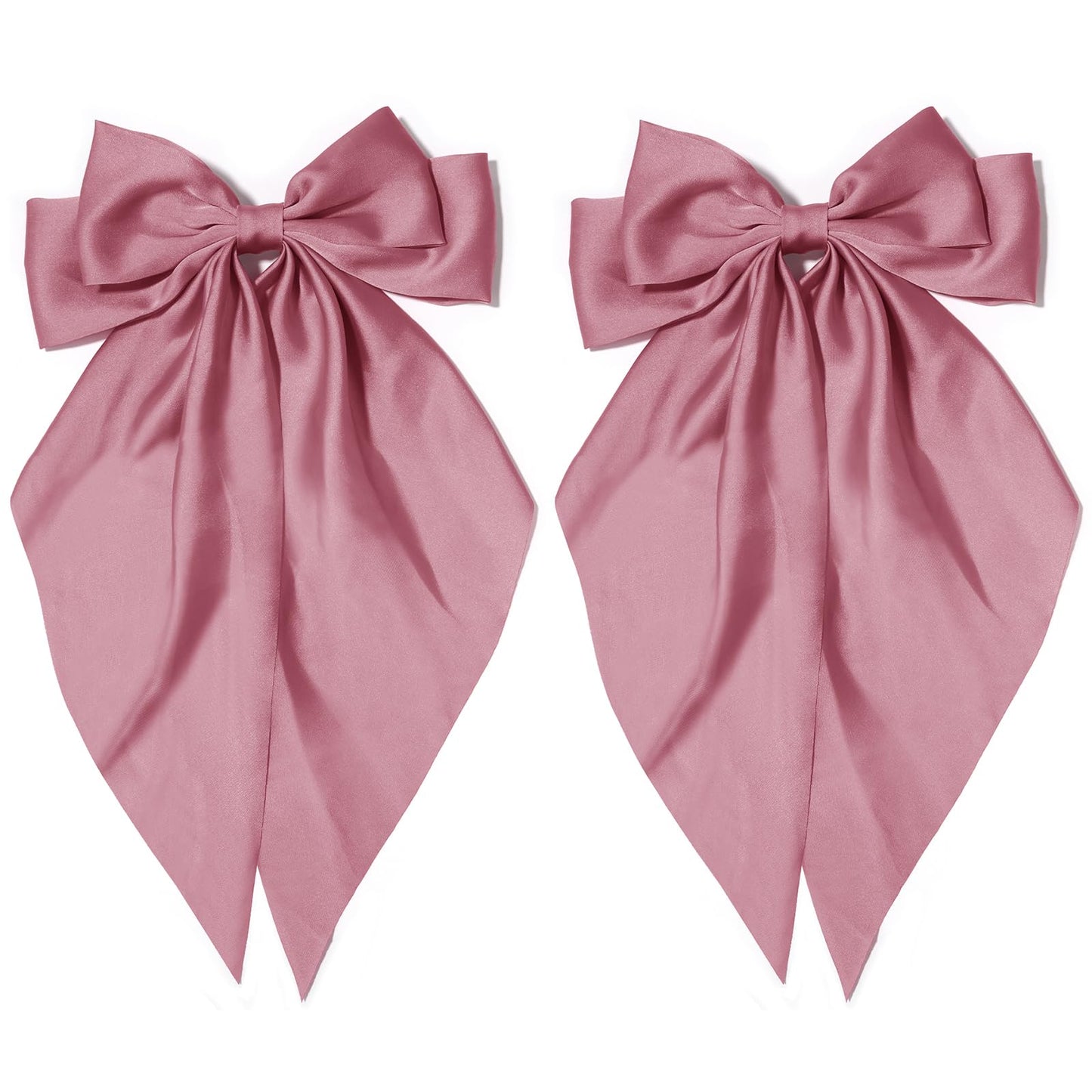 2Pcs Silky Satin Hair Bows with Long Tail for Women - Korean Pink Coquette Ribbon Clips, Aesthetic Hair Bows & Clips