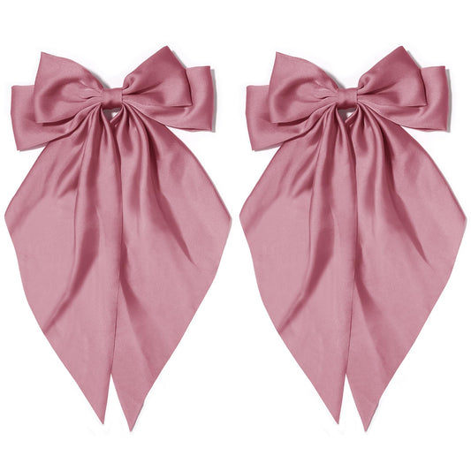 2Pcs Silky Satin Hair Bows with Long Tail for Women - Korean Pink Coquette Ribbon Clips, Aesthetic Hair Bows & Clips