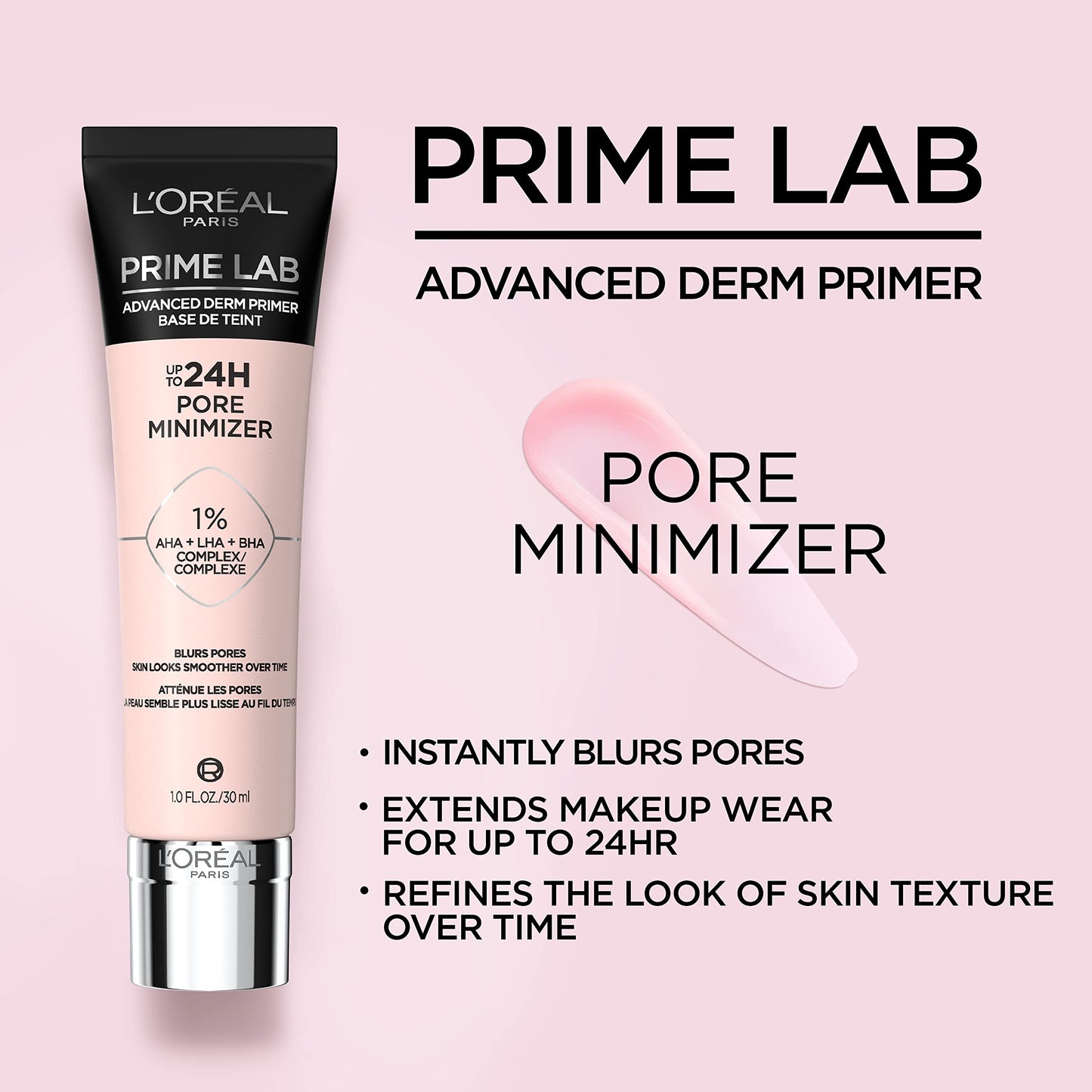 L'Oreal Paris Prime Lab Up to 24H Pore Minimizer Face Primer Infused with AHA, LHA, BHA Complex to Smooth and Extend Makeup Wear, 1.01 Fl Oz