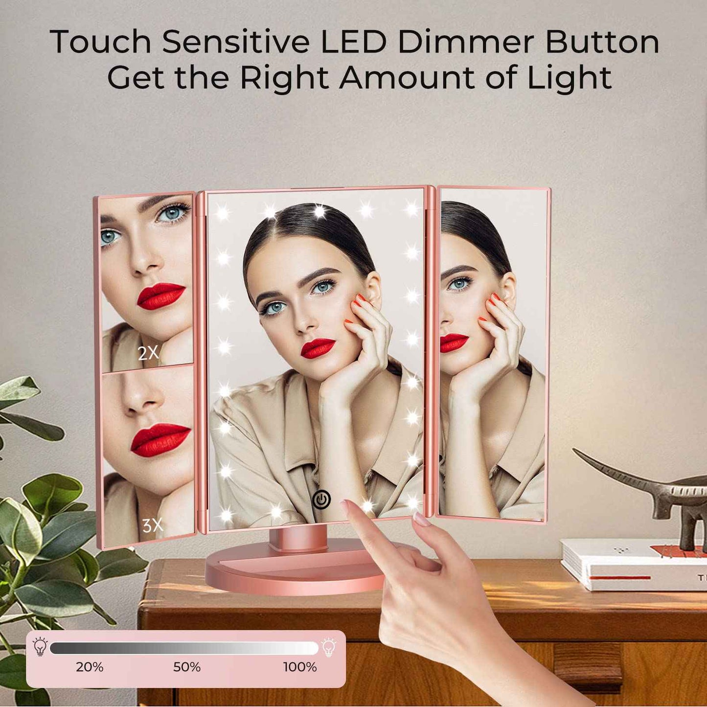 FUNTOUCH LED Lighted Makeup Vanity Mirror with 21 LED Lights, 10X/3X/2X/1X Magnifying Tri-fold Makeup Mirror with Touch Screen,Dual Power Supply,180° Adjustable Rotation,Countertop Cosmetic Mirror