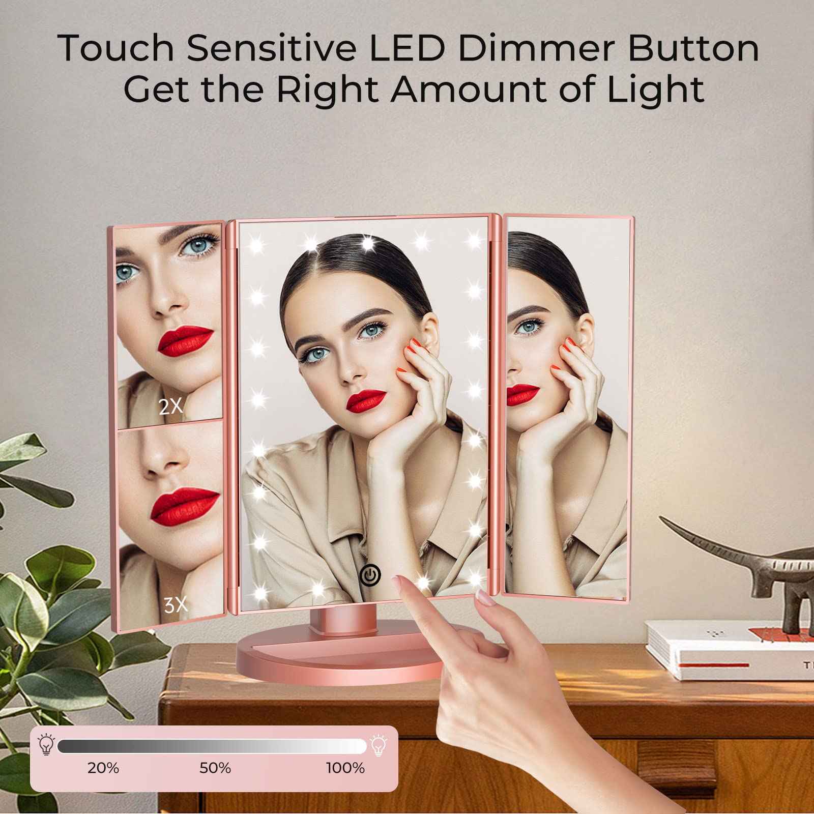 FUNTOUCH LED Lighted Makeup Vanity Mirror with 21 LED Lights, 10X/3X/2X/1X Magnifying Tri-fold Makeup Mirror with Touch Screen,Dual Power Supply,180° Adjustable Rotation,Countertop Cosmetic Mirror