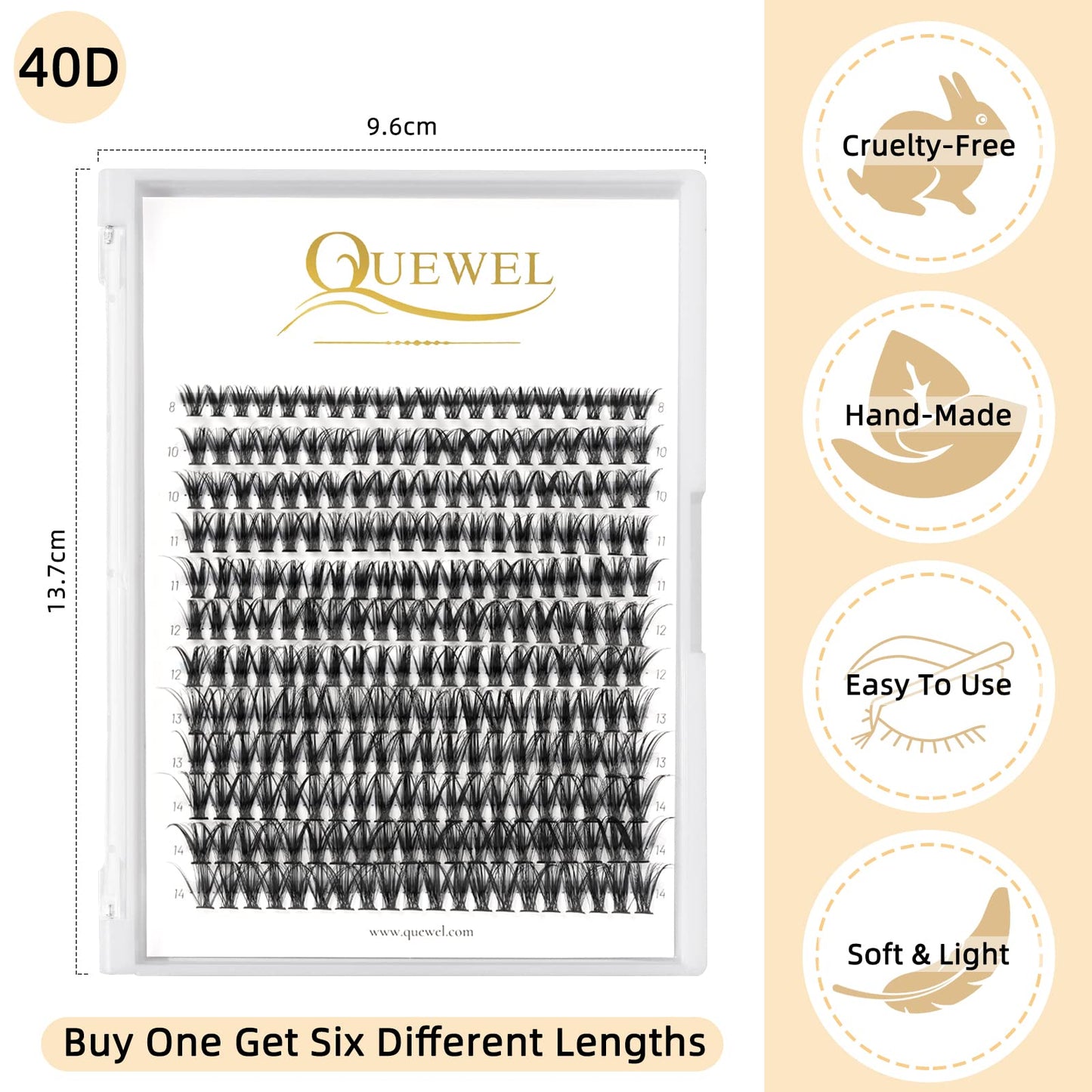 QUEWEL Cluster Lashes 240Pcs Individual Lashes 40D 0.07C Curl Mix8-14mm Lash Extensions Clusters Lashes Soft&Natural False Eyelashes Individual DIY Eyelash Extension at Home(40D 0.07C MIX8-14)