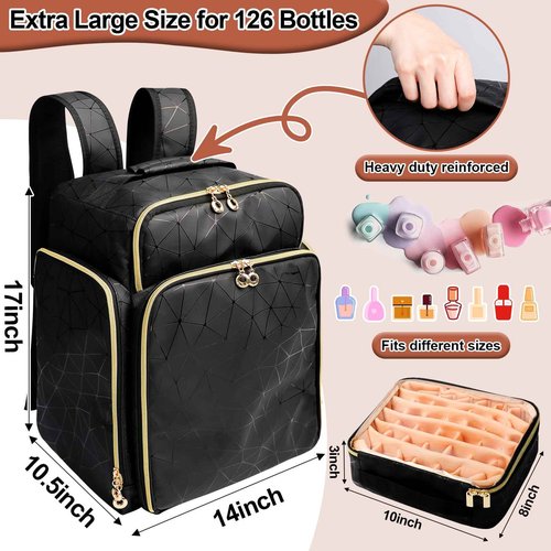 ahzske Nail Polish Organizer Backpack Holds 126 Bottles& Nail Lamp, Extra Large Nail Kit Supplies Organizer Bag with 3 Removable Cases, Portable Nail Organizers and Storage for Trave (Elegant Black)
