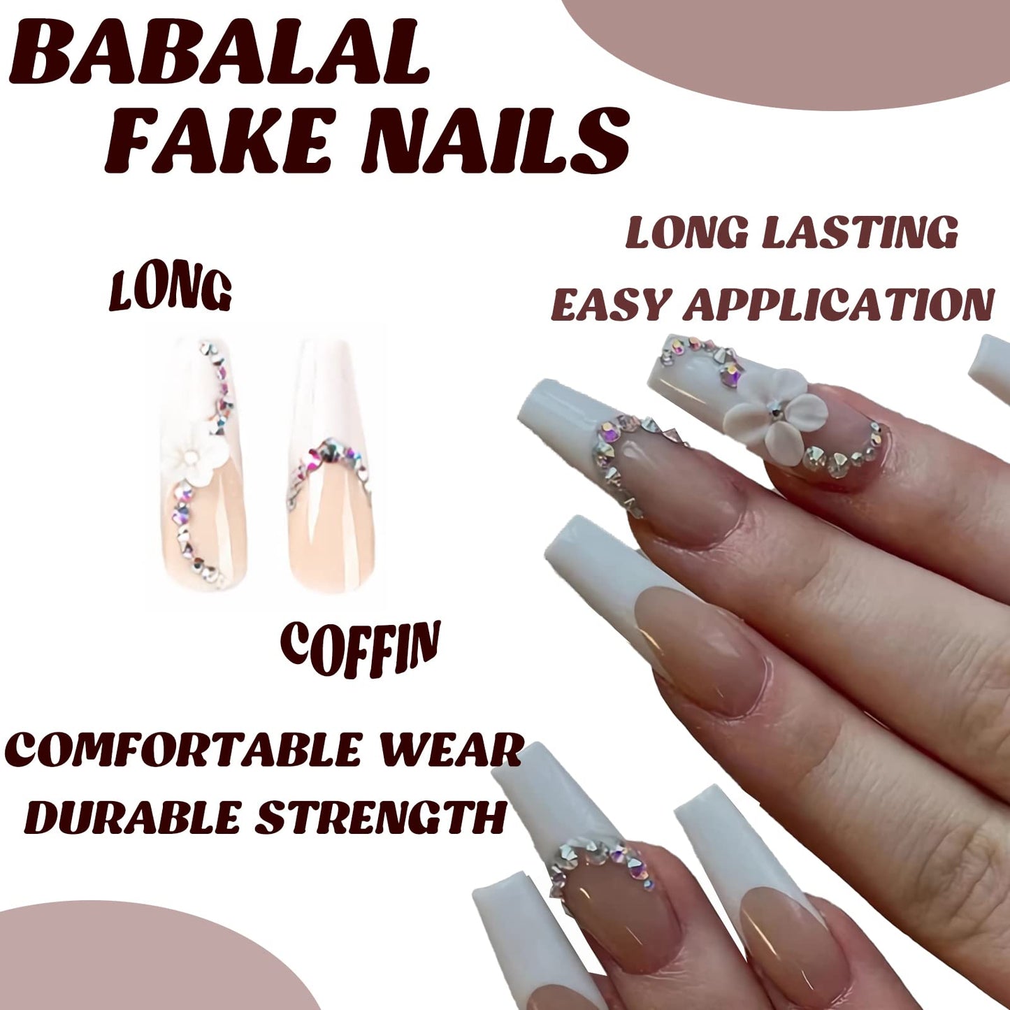 BABALAL Coffin Press on Nails Long Fake Nails White French Tip Glue on Nails Ballerina Flower Rhinestone Acrylic Nails 24Pcs Long Nails for Women and Girls