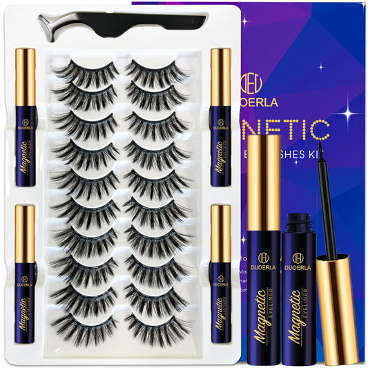 DUOERLA Magnetic Eyelashes Natural Look Cat Eye Magnetic Lashes Set with Applicator,10 Pairs Reusable 3D Magnetic Lash Kit with Eyeliner (4 Tubes), Upgraded Long-Lasting, Easy, Cruelty Free.