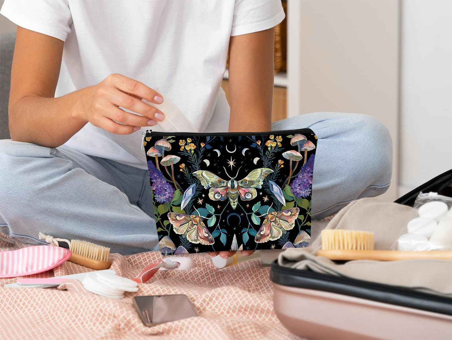 Tarot Moth Mushroom Moon Phase Makeup Bag - Gothic Butterfly Floral Cosmetic Bag for Girls, Sister, Daughter, Friend - Halloween, Birthday Gift