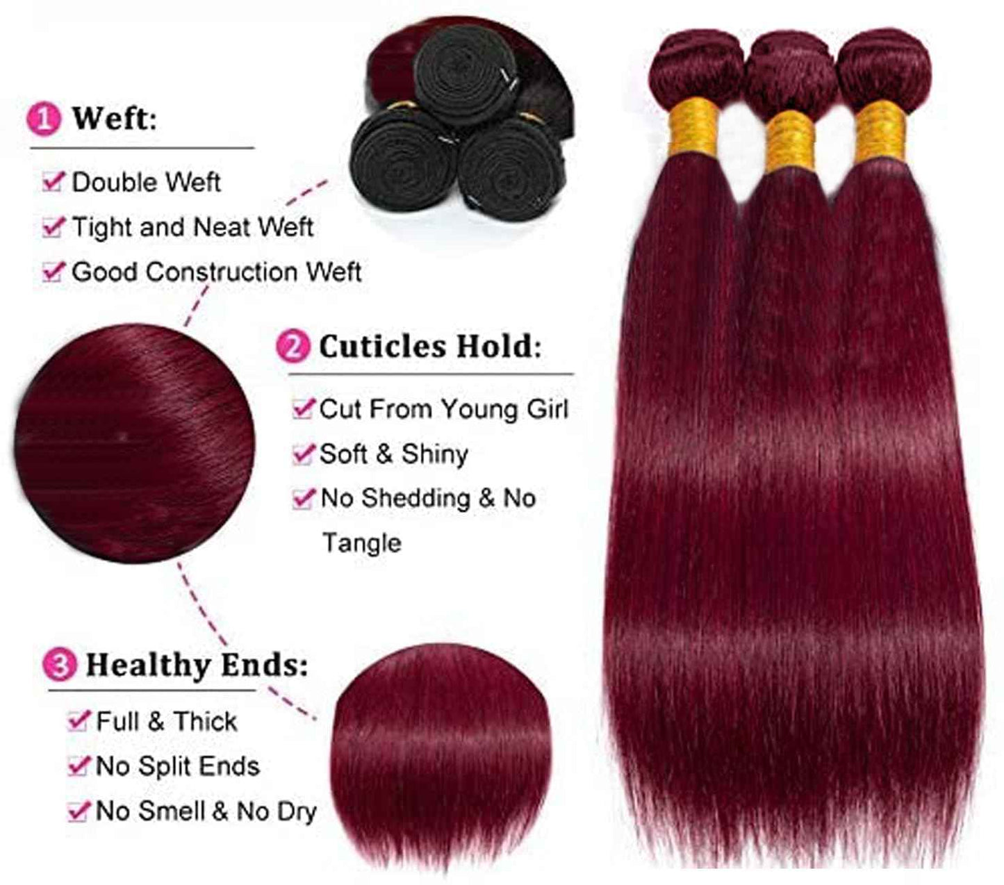 Xddnamei Augfst Brazilian Virgin Human Hair Bundles Burgundy 99J Straight Wave Bundles Human Hair 8 10 12 inch Unprocessed Brazilian Wine Red Quick Weave Hair for Black Women